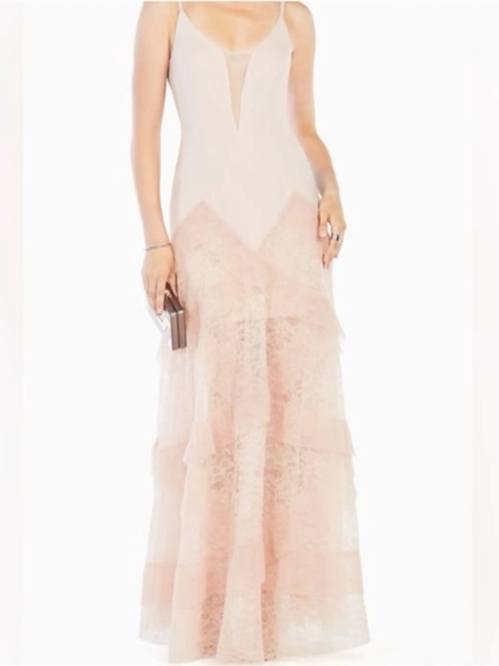 BCBGMaxAzria Dusty Rose Lace-Trim Maxi Slip Dress
